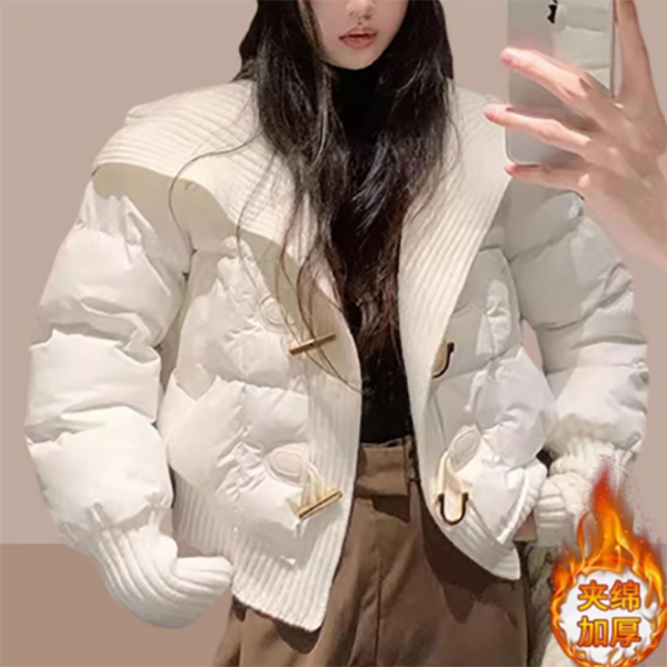 冬季大码女装2025新款时尚百搭减龄保暖翻领洋气针织拼接棉服外套