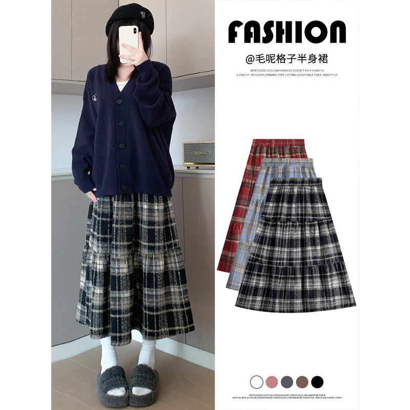 秋冬2025新款复古格子半身裙女中长款高腰百搭显瘦a字伞裙蛋糕裙
