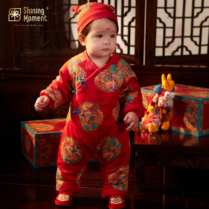 ShiningMoment婴儿衣服棉服宝宝满月连体衣百天爬服龙凤拜年服