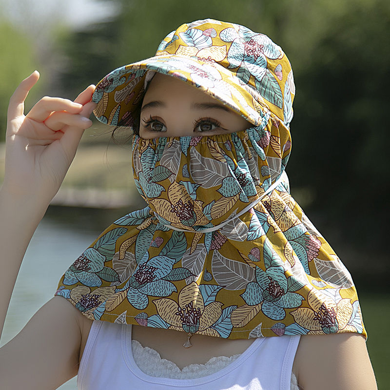新款绵绸小碎花防晒帽农用下地干活遮阳护颈采茶帽男女款春夏秋款