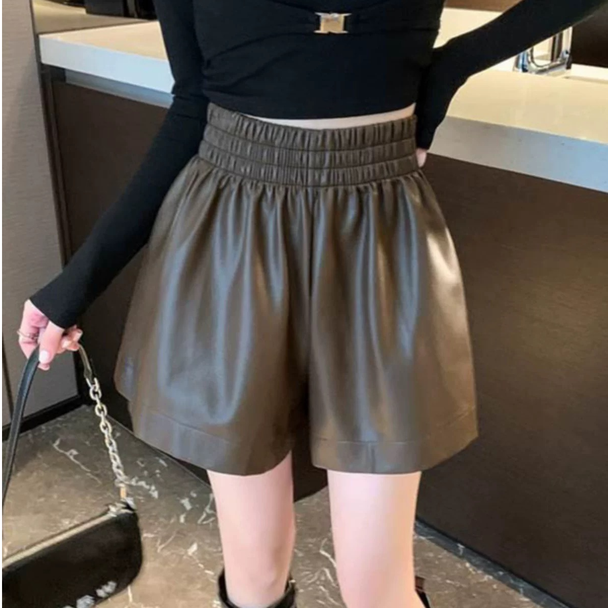 厚款高腰常规通勤短裤时尚大码阔腿ins裤子 宽松秋冬微弹百搭显瘦