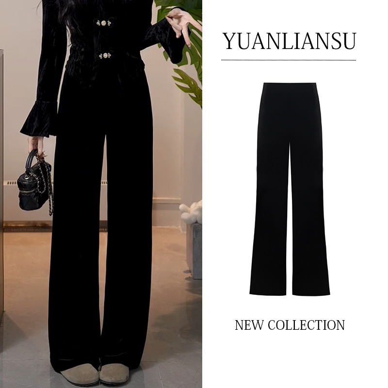 YUANLIANSU/圆脸酥【乔木物语】高腰垂感显瘦黑色丝绒加绒阔腿裤女
