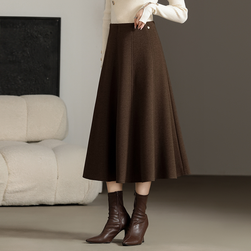 时尚羊毛呢半身裙女八片裙2025新款秋冬a字裙高腰垂感遮跨大摆裙