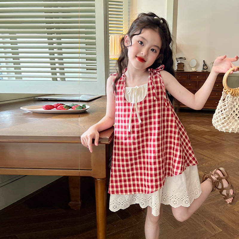 栀了成长记童装女童红色格子纯棉连衣裙夏季新款儿童女宝宝背心裙