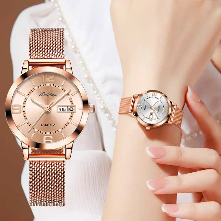 女士手表时尚双日历潮流正品2025新款女生防水石英表韩版简约腕表