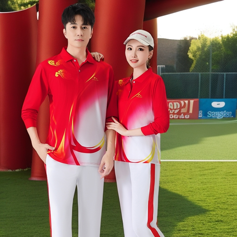 晋冠男女春秋长袖T恤学生国家队长袖训练健身服Polo红色速干网眼