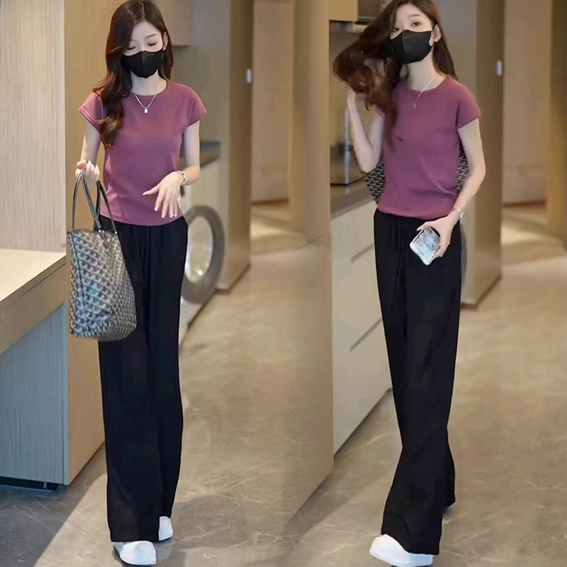 2025夏季新款一整套时尚套装女短袖T恤裤高腰冰丝阔腿裤两件套女