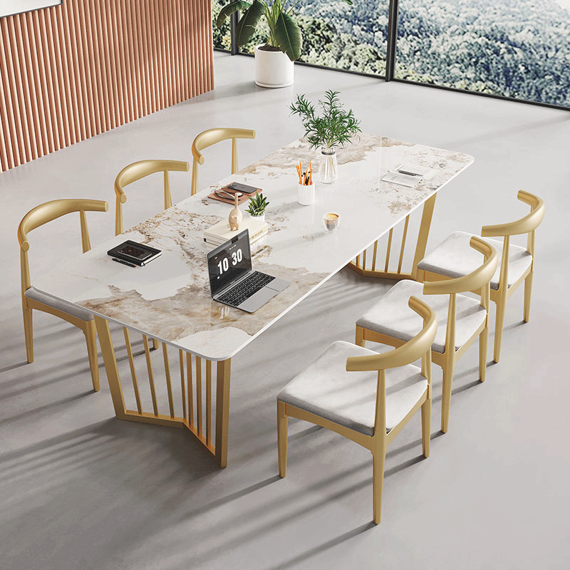 北欧大理石办公桌现代简约创意会议桌长桌工作台轻奢岩板洽谈桌椅