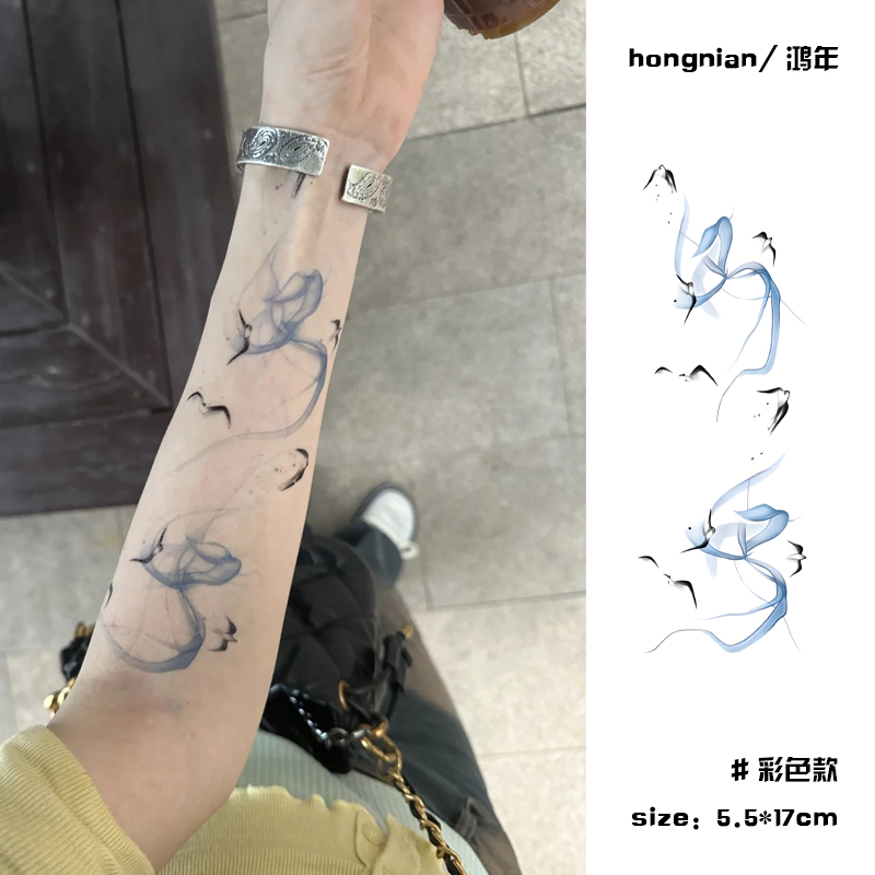 意识流蓝色丝带海鸥 彩色纹身贴防水持久国风彩绘逼真刺青贴纸