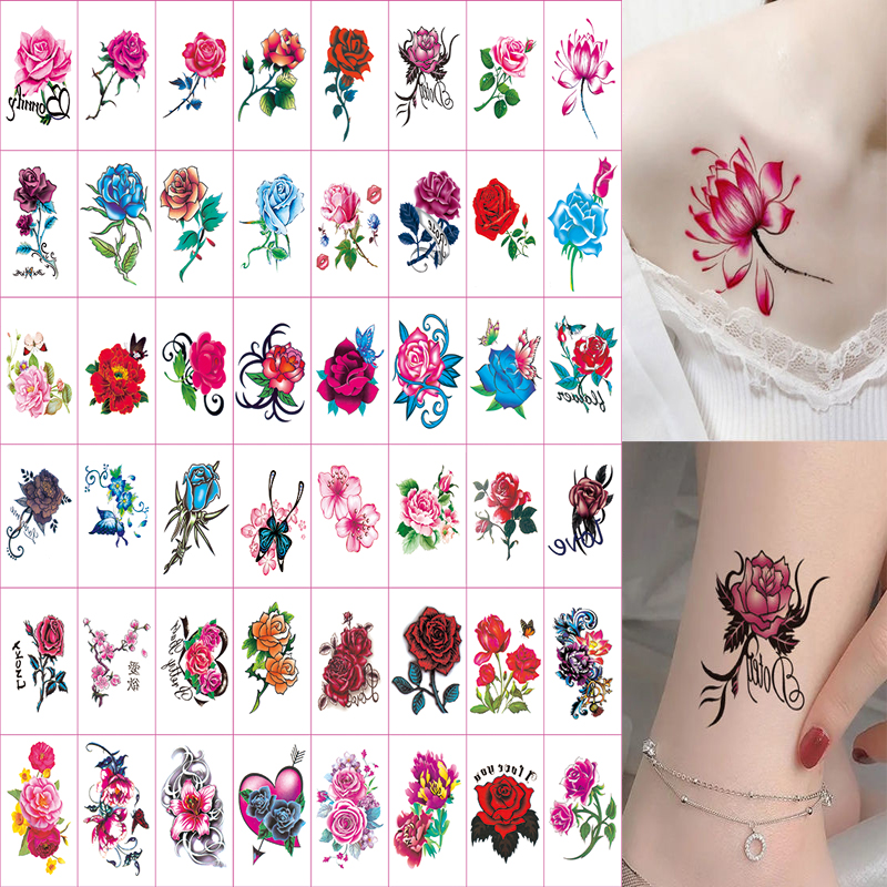 50张彩色纹身贴防水女持久玫瑰花个性时尚ing风贴纸遮疤神器