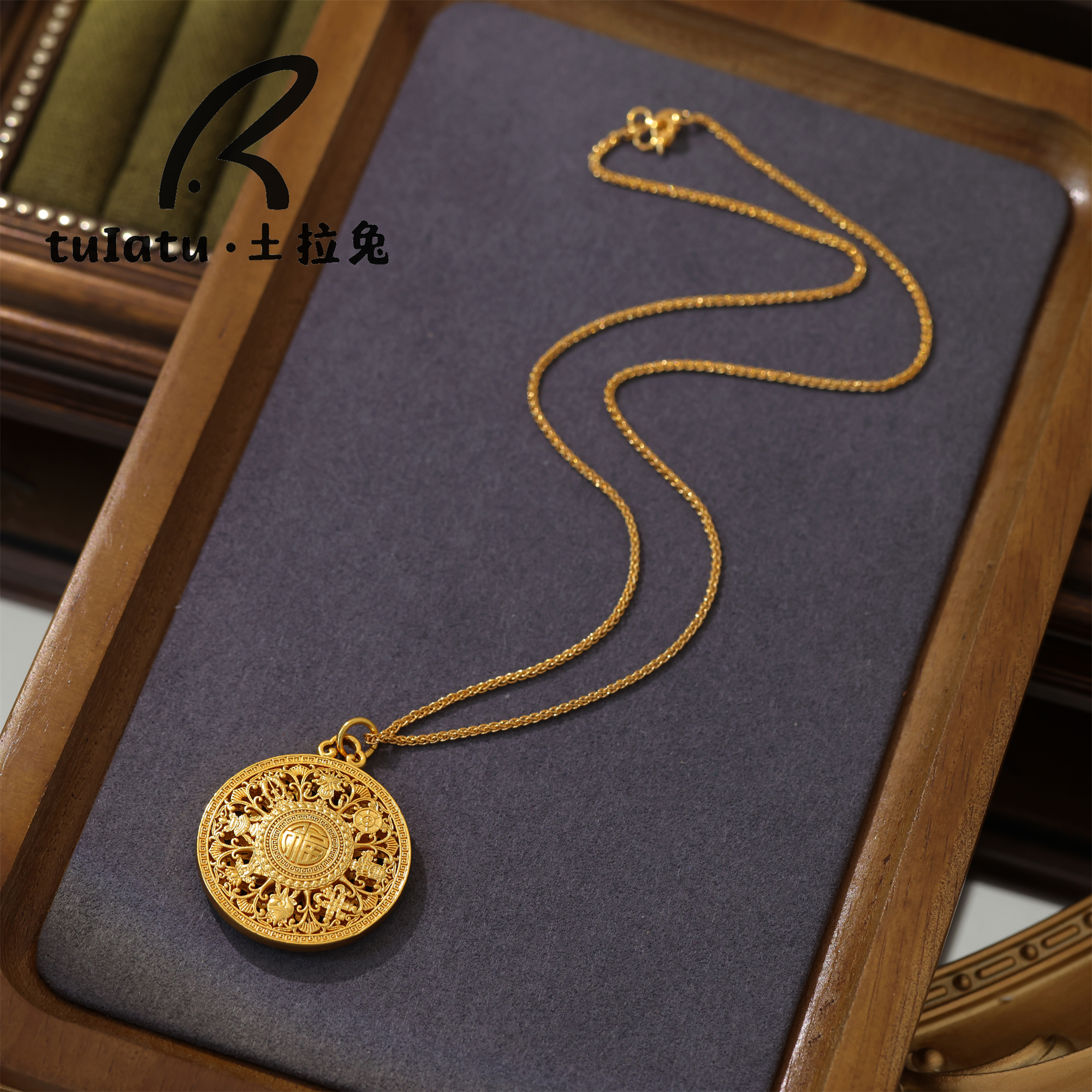 铜合金项链 新中式国潮风镂空八宝罗盘项链古法八宝项链双面