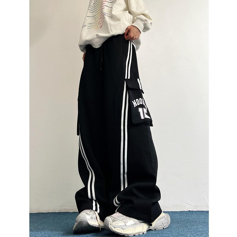 美式宽松工装休闲裤条纹拼接口袋男女冬显瘦百搭卫裤直筒裤子男