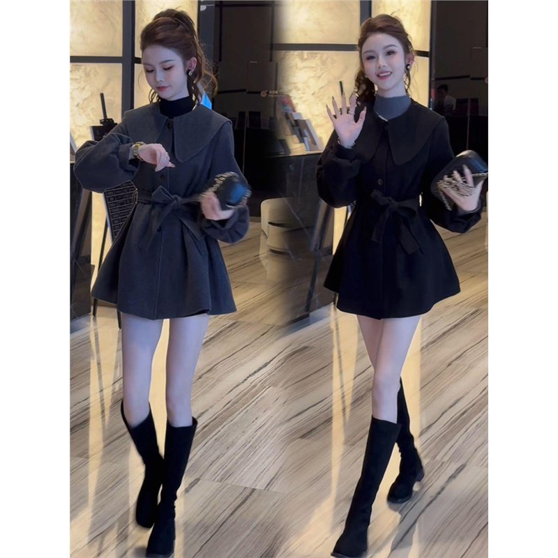 韩版洋气减龄娃娃领系带收腰显瘦毛呢外套女冬季新款时尚呢子风衣