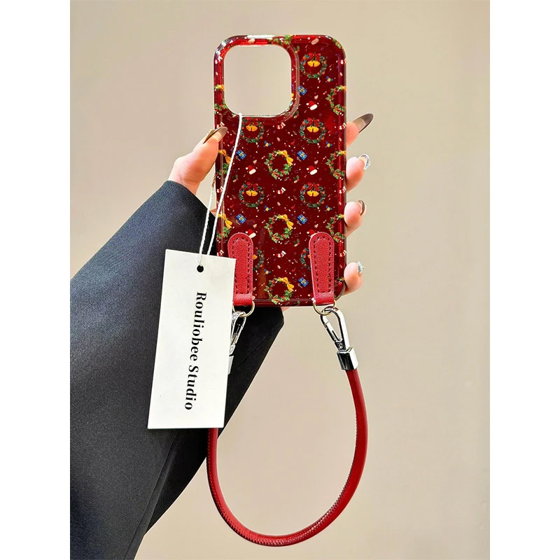 KEWU复古红小花环适用苹果16promax手机壳iphone15/14挂绳13女12