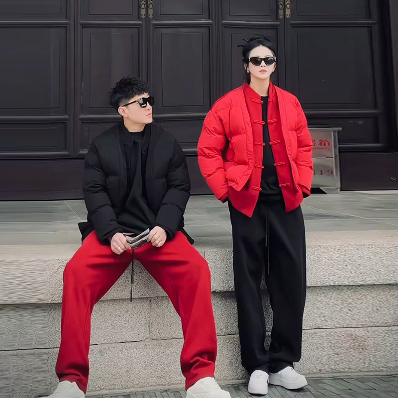 新中式国风假两件棉服男冬季短款加厚立领情侣唐装本命年棉衣外套