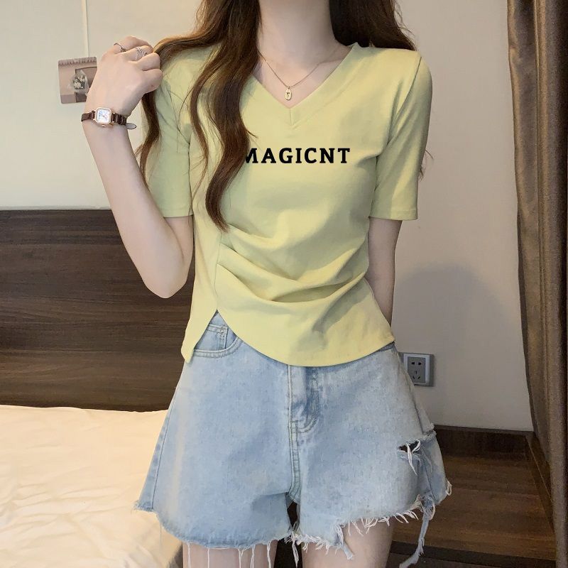 纯棉夏季不规则褶皱v领小众短袖T恤修身遮肉百搭设计感正肩上衣女