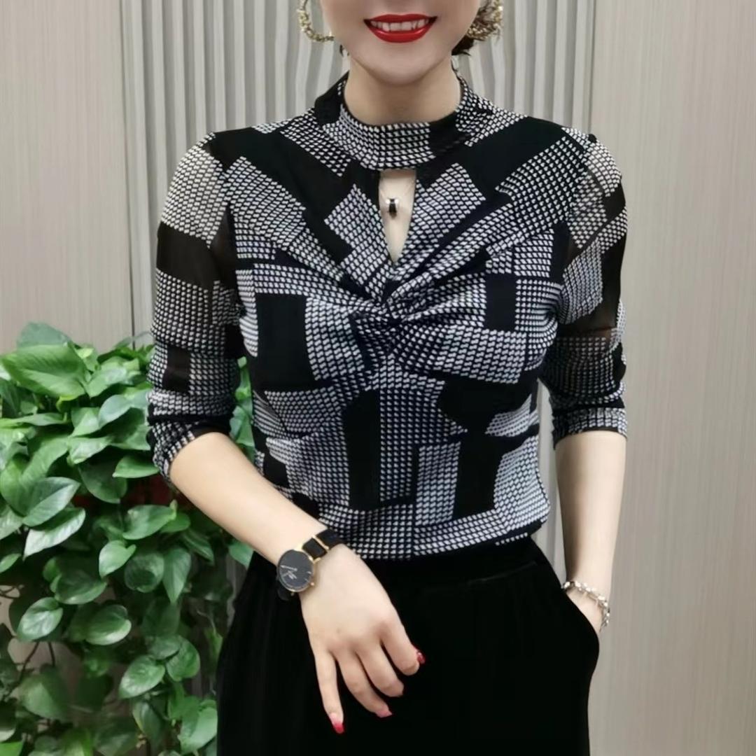 秋冬新款高档T恤女长袖洋气弹力小衫宽松显瘦时尚妈妈装上衣