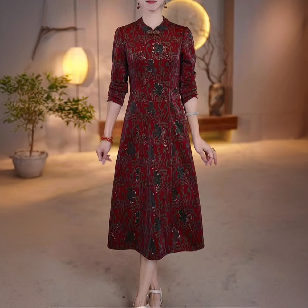 【衣雅严选】8088-983新款时尚幻彩琉璃丝烫金气质改良旗袍连衣裙