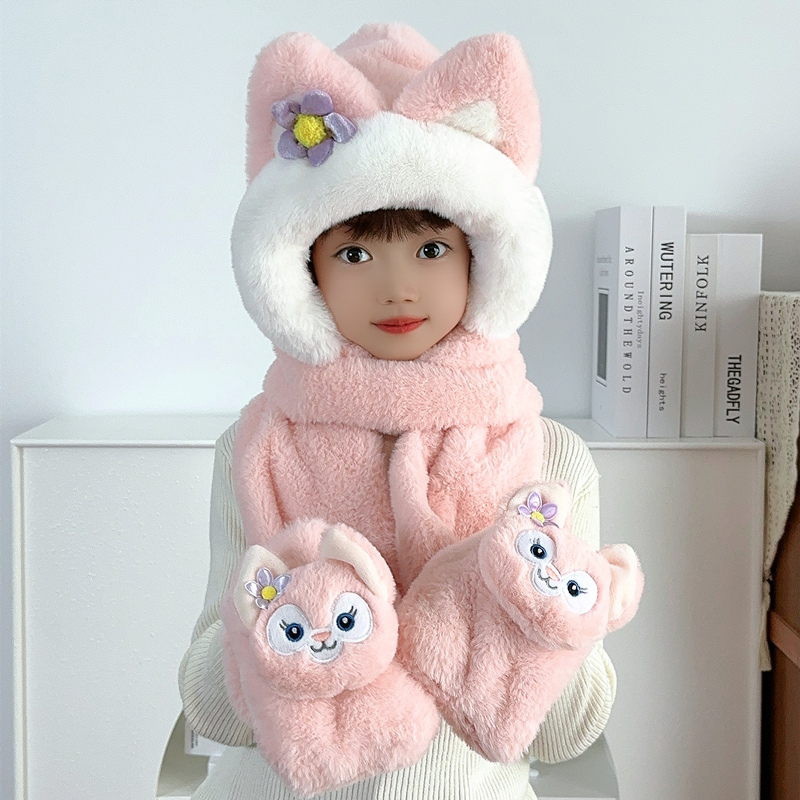 儿童帽子围巾手套三件套冬季男女童卡通毛绒护耳帽宝宝保暖一体帽