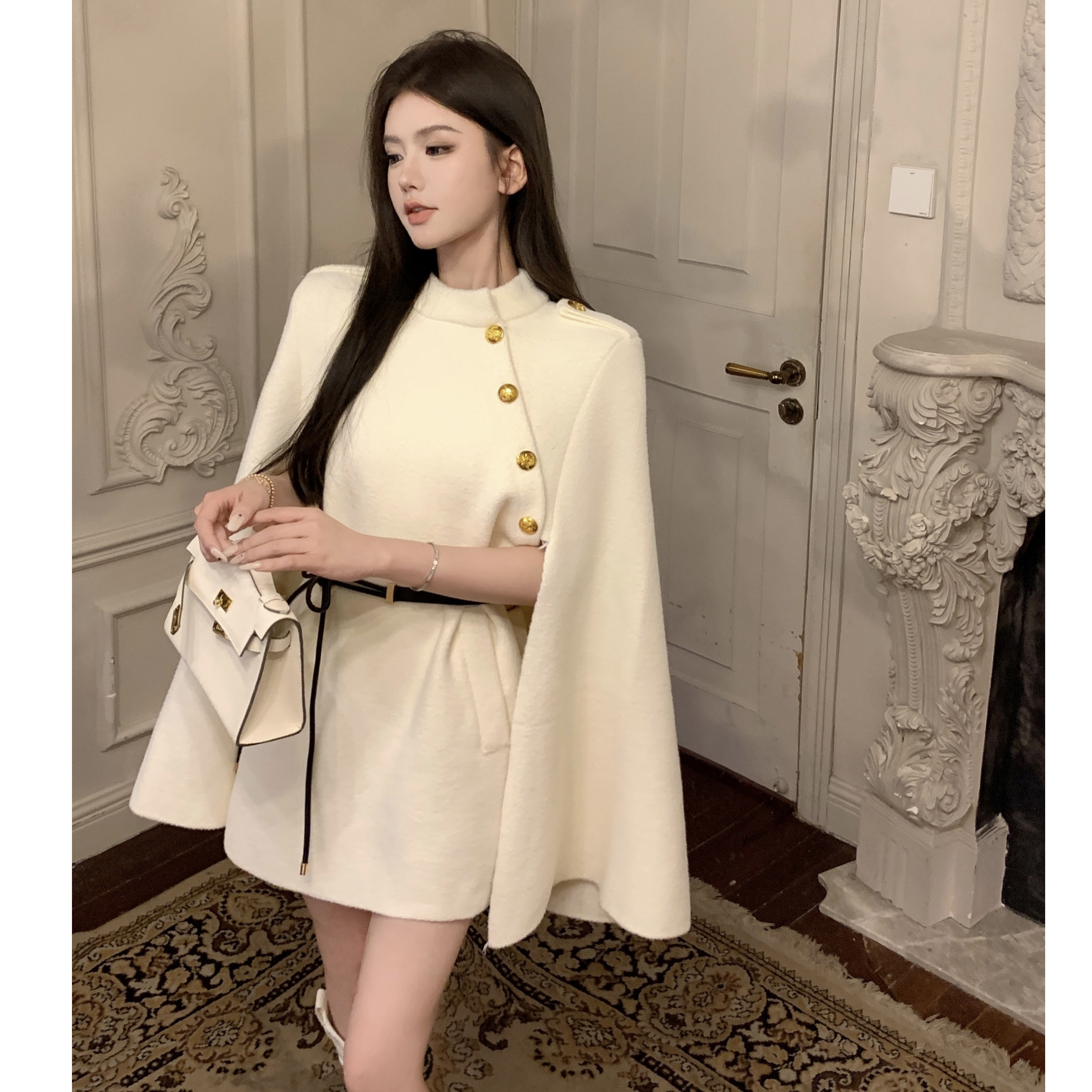 韩剧女主财阀斗篷 氛围感黑白2色高级时髦洋气百搭斗篷外套女秋冬