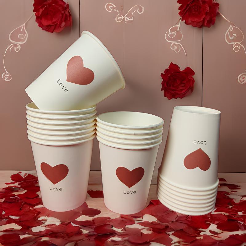 一次性纸杯ins风250ml家用商用加厚可爱喝水杯红色简约爱心茶水杯