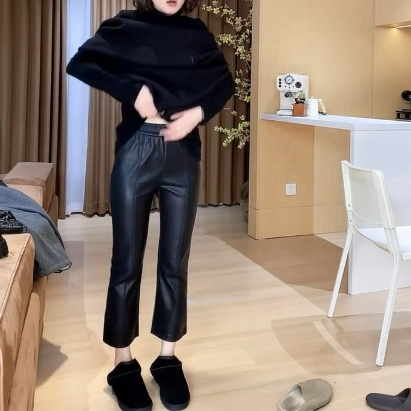 Aimeerosa/艾洛莎秋季洋气时髦百搭烟管皮裤休闲裤时尚潮流九分裤