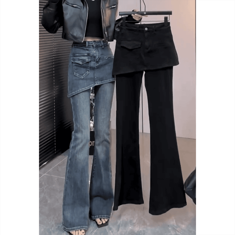 Aimeerosa/艾洛莎假两件微喇牛仔裤女2024秋季大码弹力显瘦马蹄裤