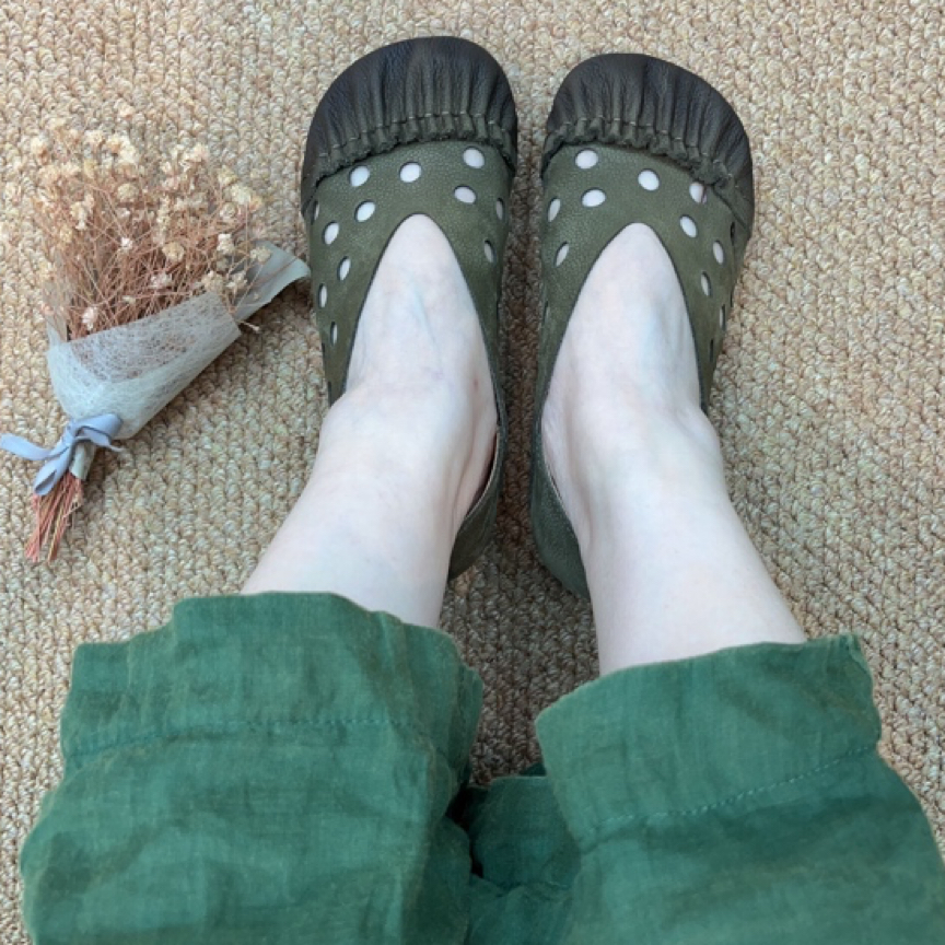 复古真皮镂空软底牛皮夏季单鞋女百搭平底透气舒适防滑妈妈女鞋