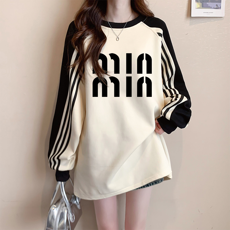 加绒卫衣女秋冬爆款宽松中长款美式潮流百搭时尚洋气大码撞色上衣