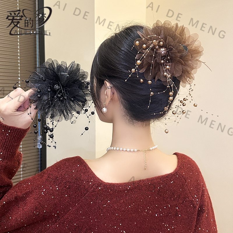 牡丹花羽毛流苏抓夹2025新款发夹后脑显发量蓬松鲨鱼夹