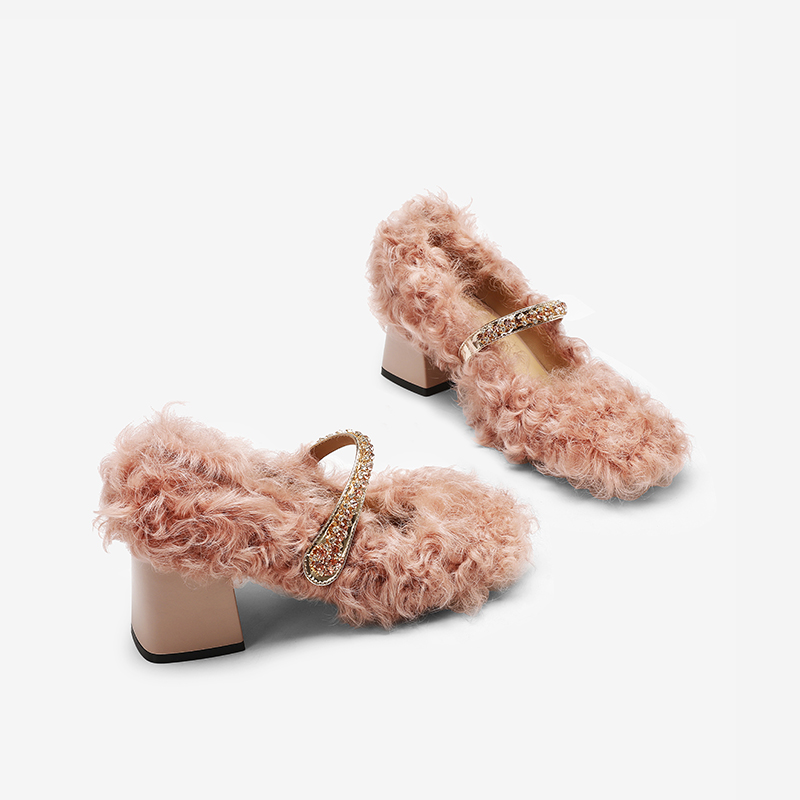 粗跟毛毛鞋女外穿2025冬季新款泰迪卷羊毛高跟单鞋网红玛丽珍鞋子
