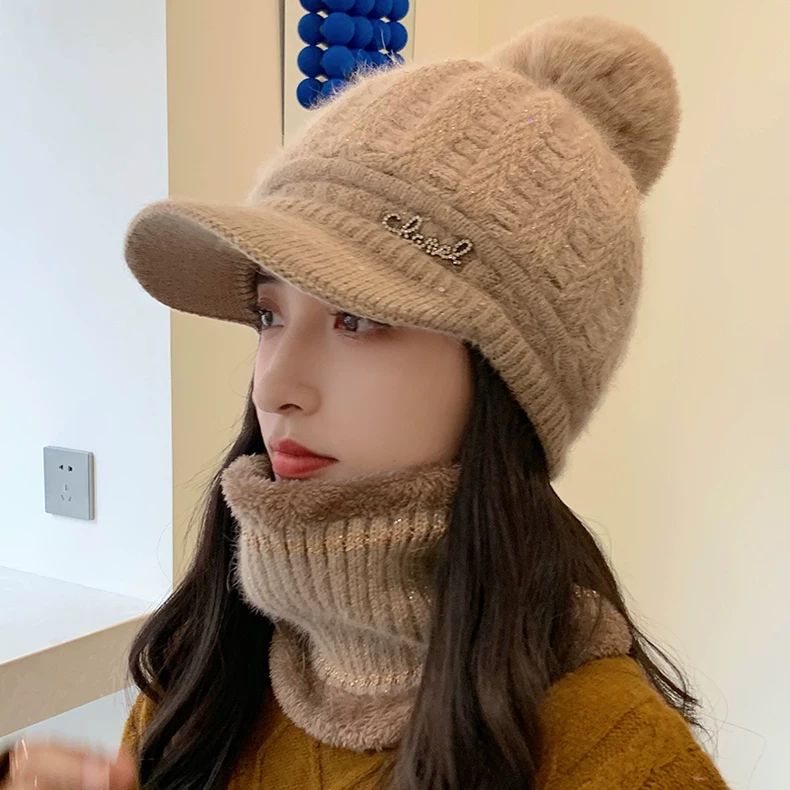 帽子女秋冬季加绒加厚防寒保暖鸭舌帽潮围脖冬天护耳针织毛线帽子