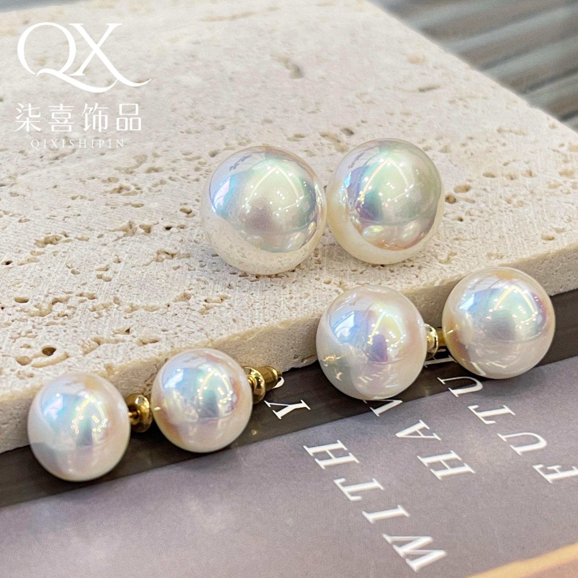 925银仿珍珠耳饰 法式粉光扁圆馒头珠耳钉轻奢高级超靓小香风耳饰