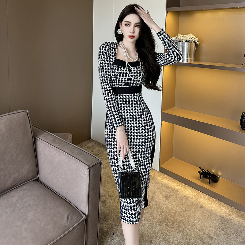 30022时尚气质女神范长袖秋冬收腰包臀连衣裙复古修身名媛千鸟格