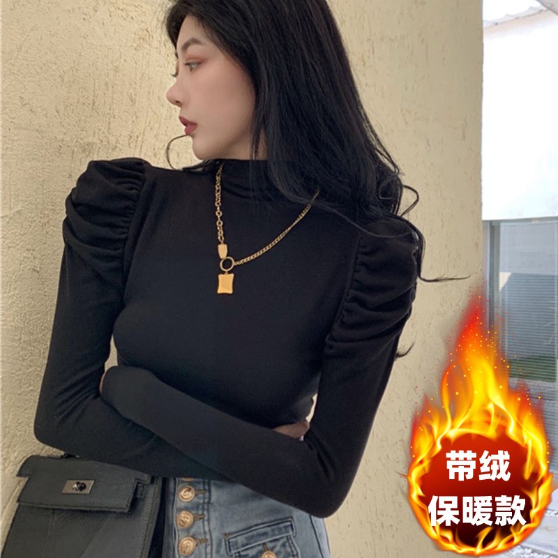 半高领内搭加绒打底衫女秋冬磨毛设计感小众泡泡袖小众设计打底衫