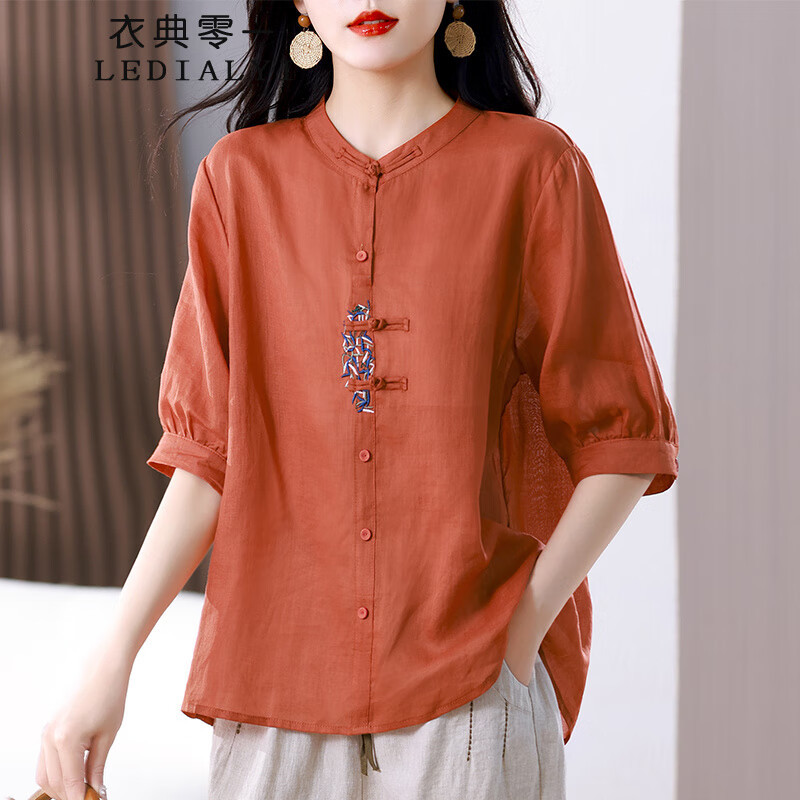 苎麻上衣女2025新款短袖高端中老年妈妈夏装新中式洋气减龄衬衫潮