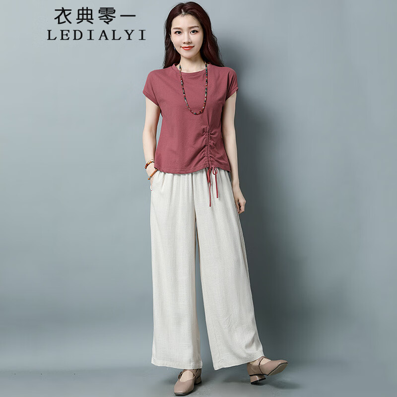 棉麻套装女夏季薄款2025年新款中年妈妈宽松休闲亚麻阔腿裤两件套