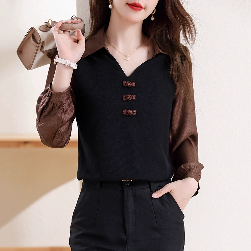 缎面领假两件长袖衬衫女春秋新款阔太太洋气减龄衬衣女士上衣