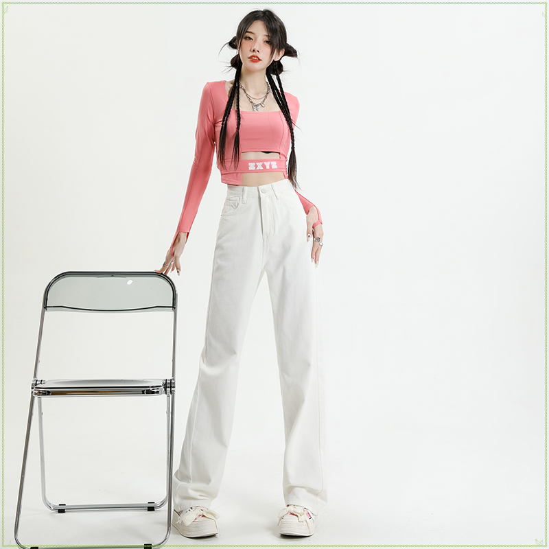 白色牛仔裤女2023年早秋新款高腰显瘦窄版小个子直筒阔腿拖地裤子