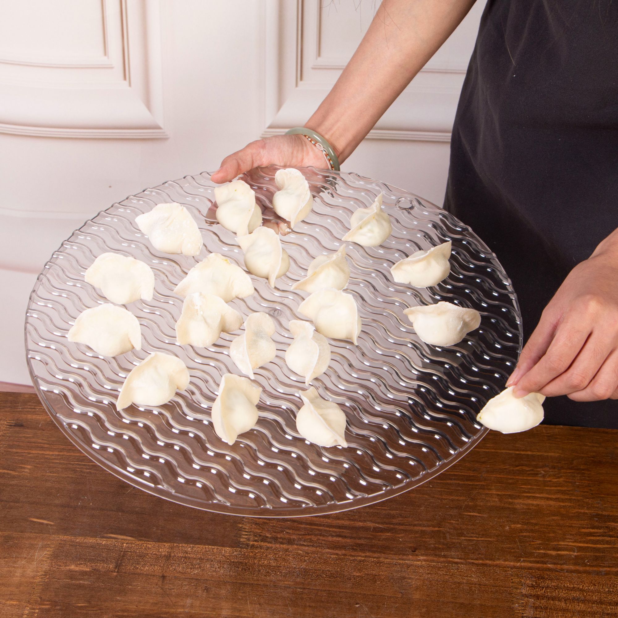 加厚不沾面家用波纹饺子帘家用水饺盘高颜值透明圆形垫子放置托盘