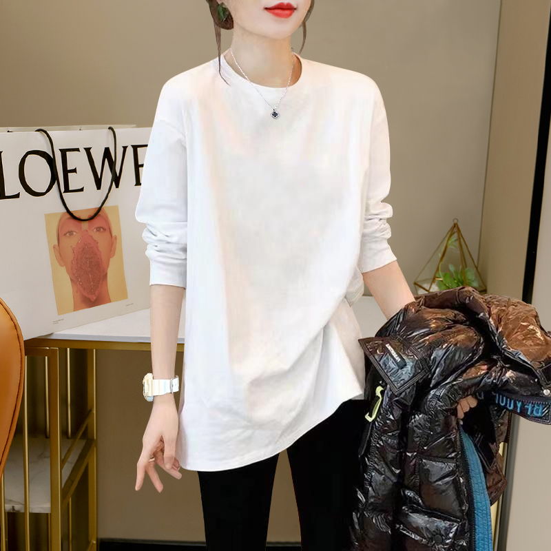 白色纯棉中长款打底衫女2024秋冬韩版宽松长袖t恤洋气百搭上衣服