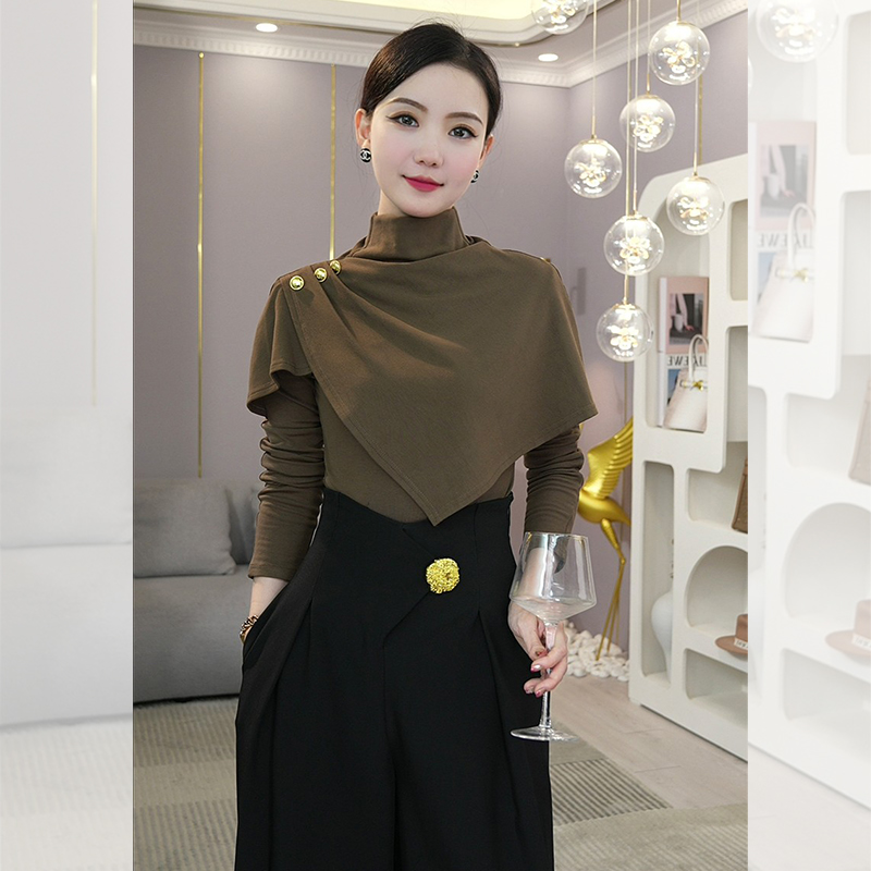2025早秋款半高领独特超好看上衣斗篷式假两件长袖T恤薄绒打底衫
