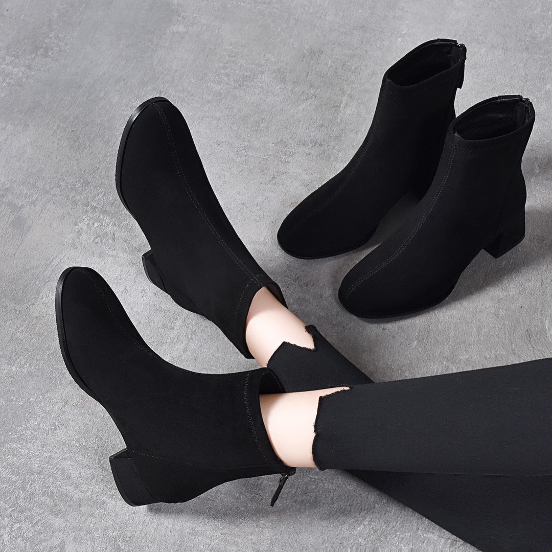 羊皮小短靴瘦瘦靴女2025年秋冬新款裸靴粗跟圆头绒面真皮磨砂单靴