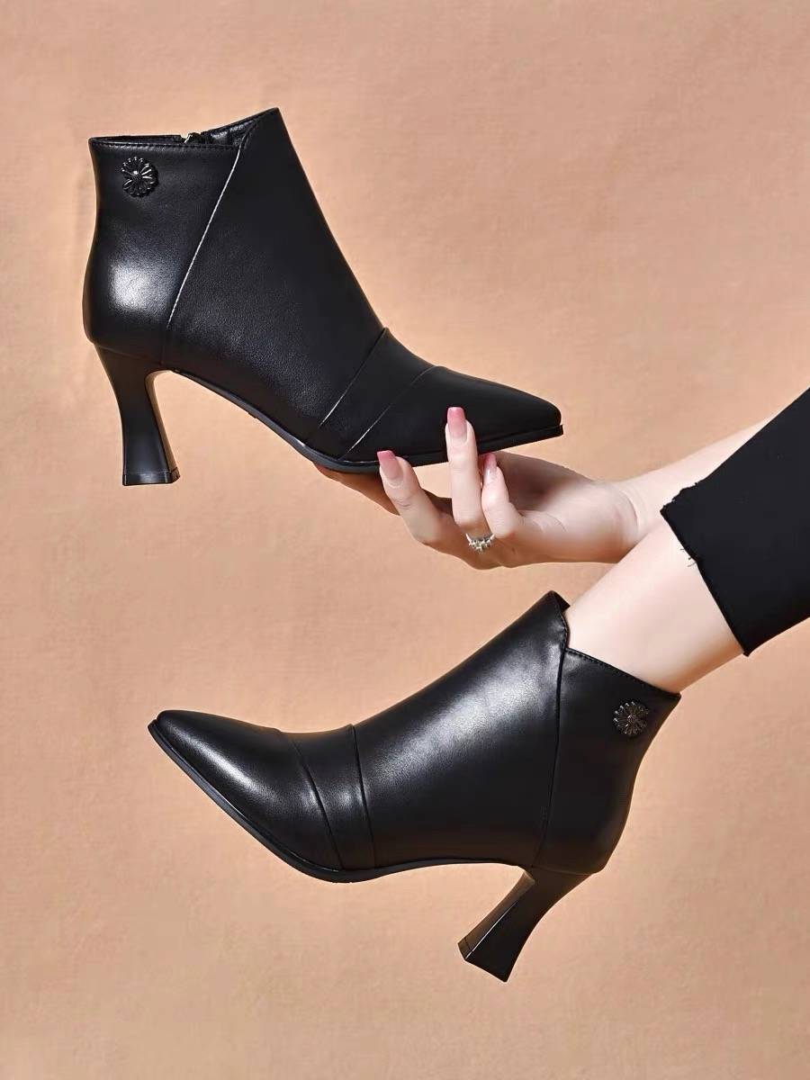 真皮高跟短靴2024秋冬新款软皮粗跟尖头裸靴春秋单靴中跟加绒皮鞋