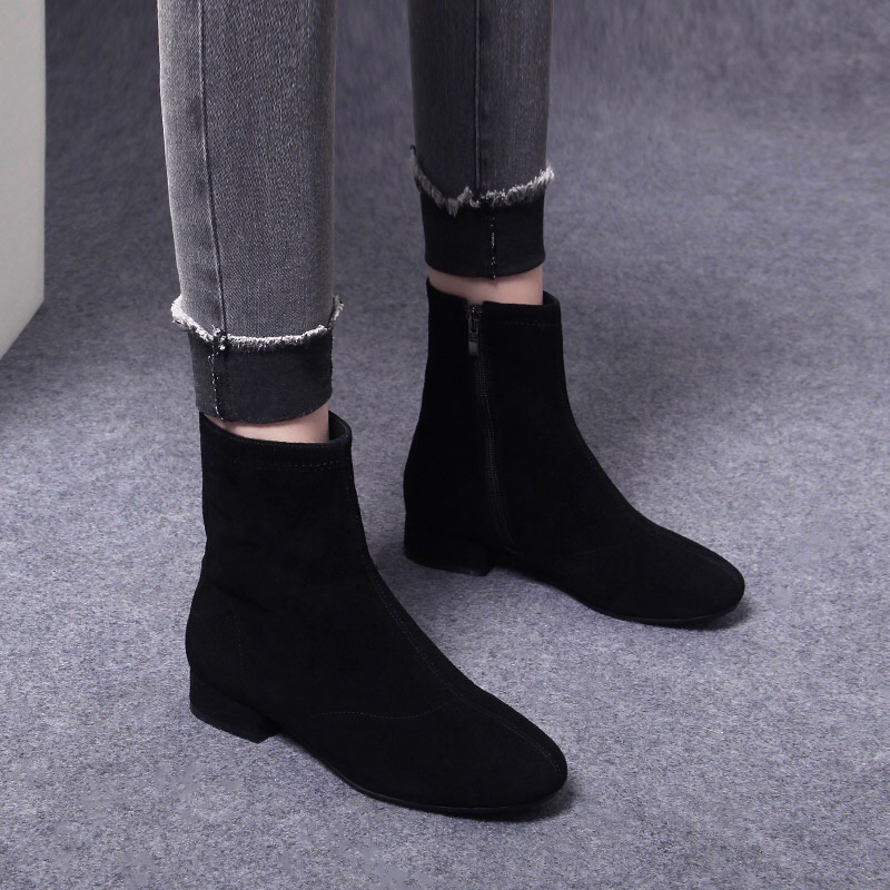 2025新款真皮磨砂短靴女粗跟春秋单靴圆头中跟羊皮瘦瘦靴冬季加绒