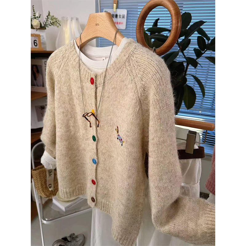 刺绣针织开衫女2024早春新款单排扣圆领长袖毛衣外套软糯韩版上衣