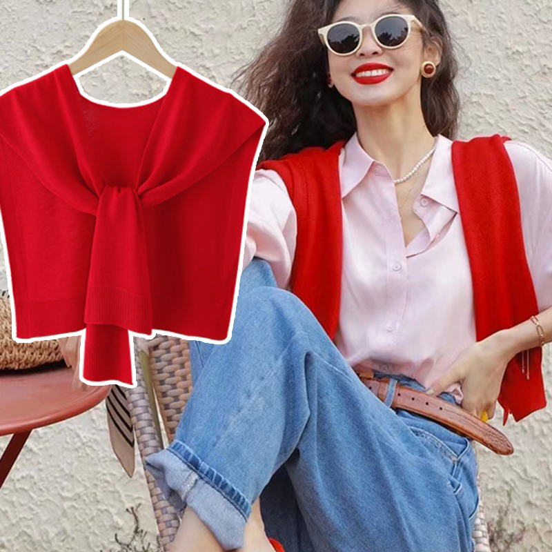 高能感针织小披肩女过年大红色春秋冬季护颈外搭肩坎肩网红围巾