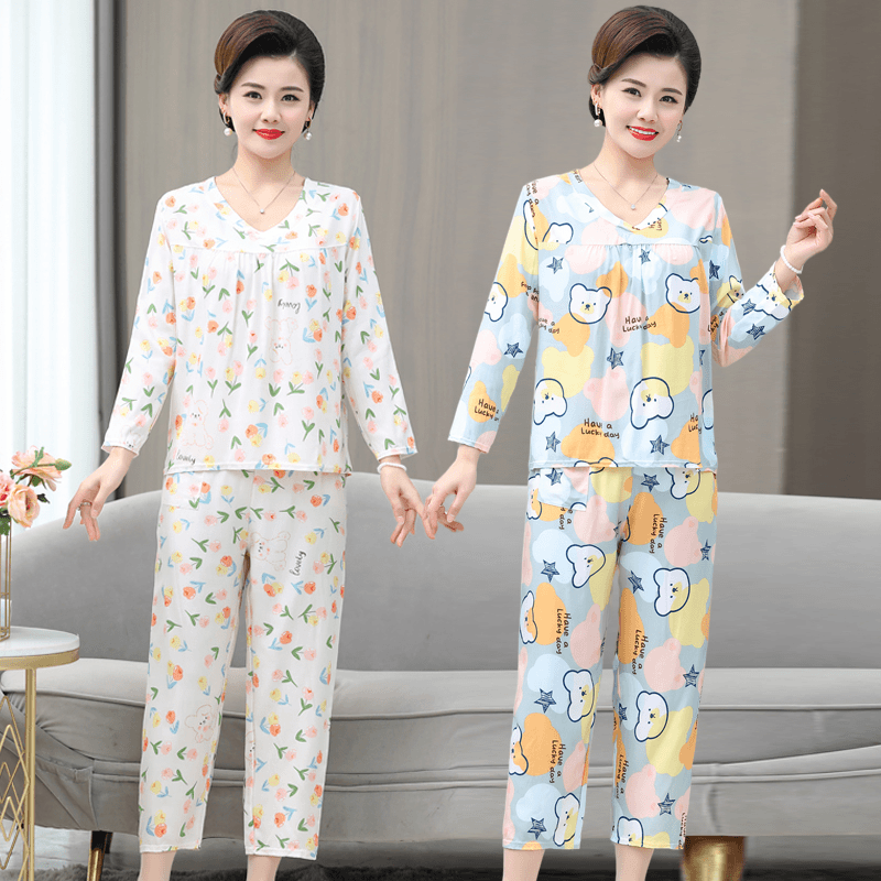 妈妈装夏季棉绸V领女长袖薄款九分裤两件套宽松中老年家居服套装