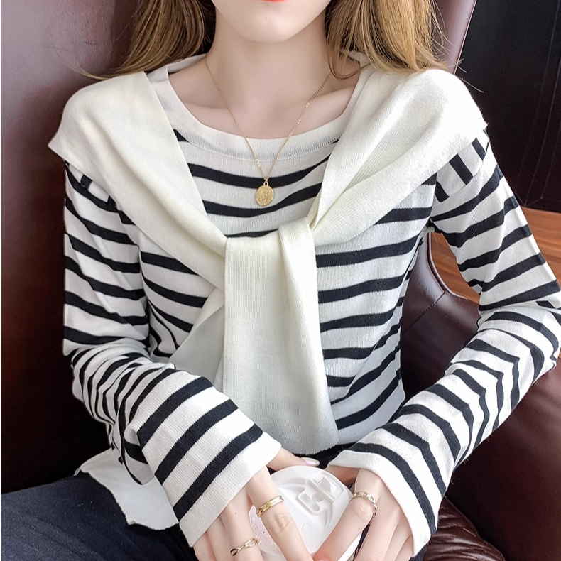 2025秋季新款假两件披肩条纹针织打底衫套头内搭宽松女士百搭上衣