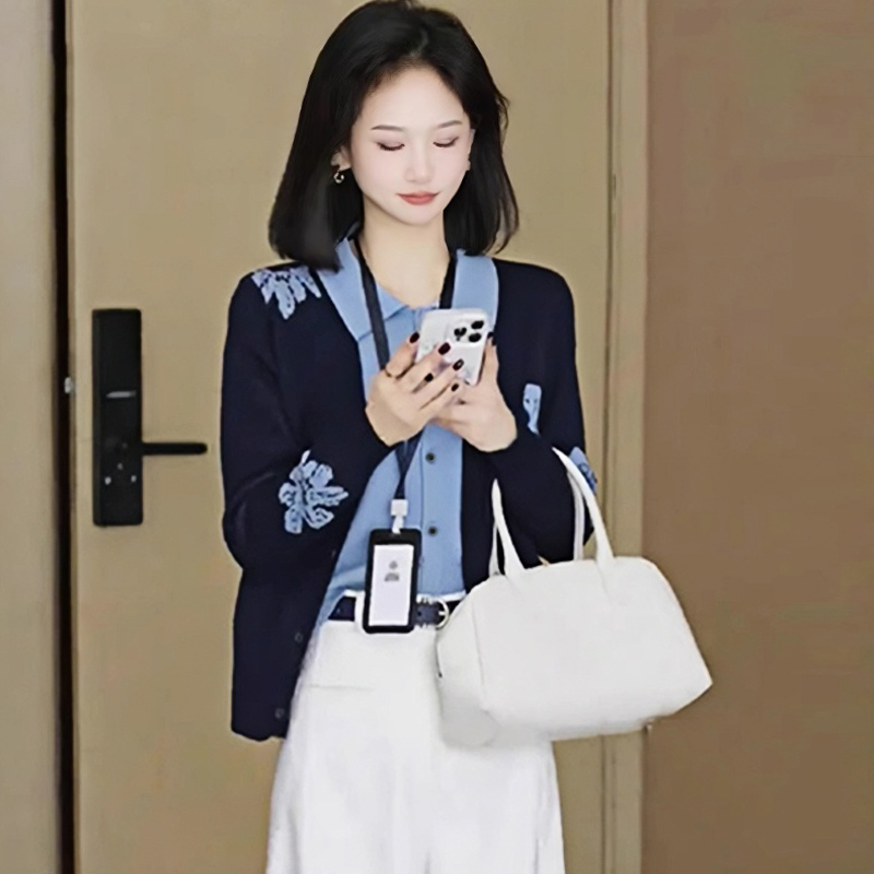 韩系气质提花假两件毛衣内搭撞色时尚针织打底衫拼接显瘦上衣女款